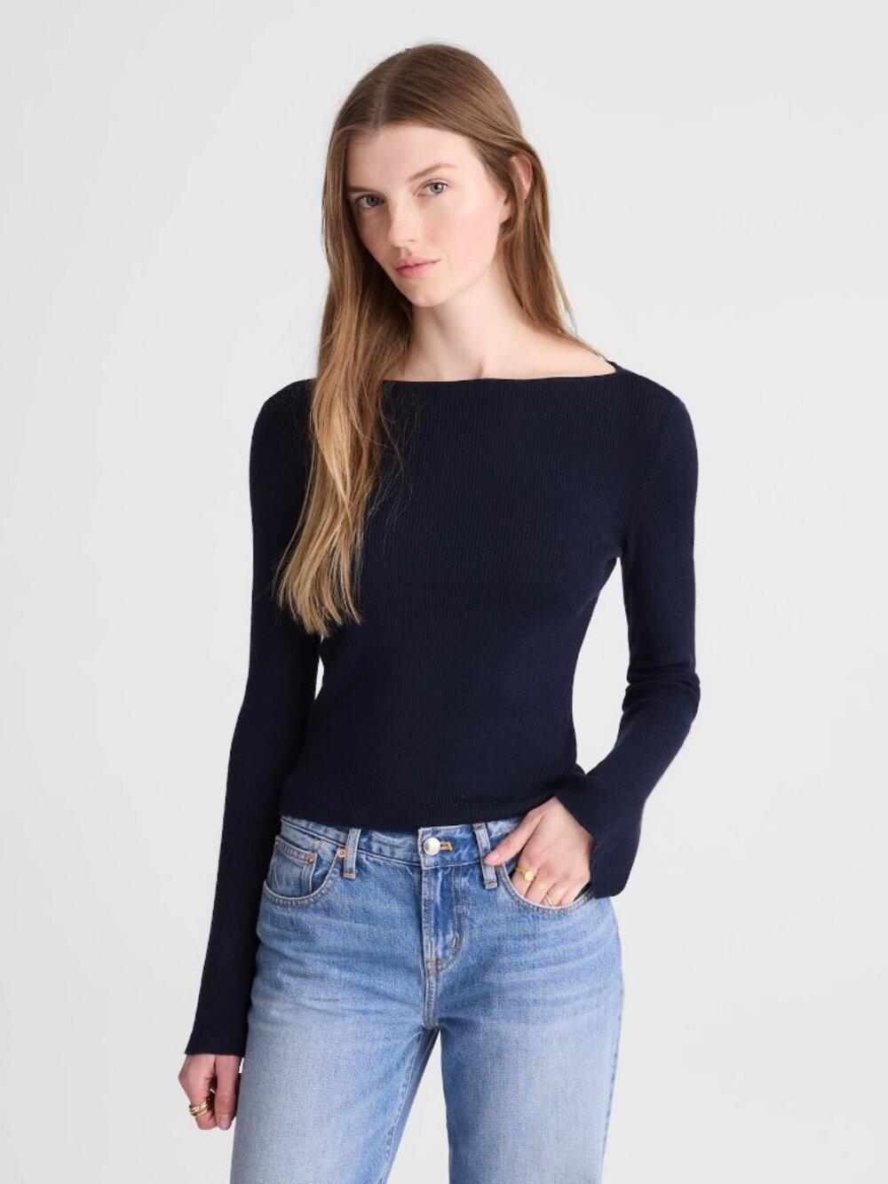 Madewell Flared-Sleeve Boatneck Sweater in Dark Navy, Size Small